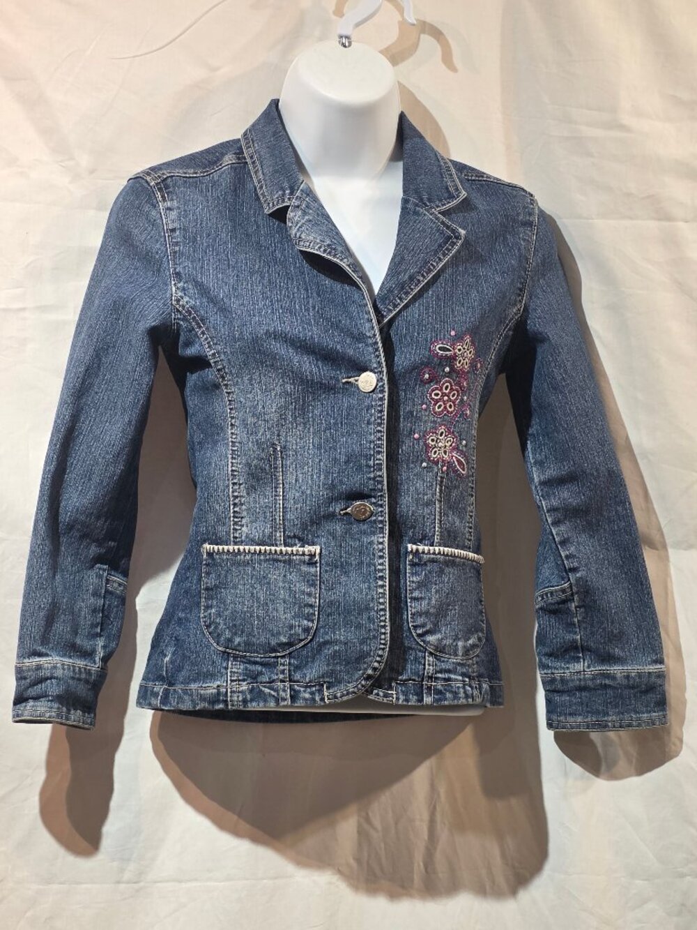 Embroidered Denim Jacket Floral Detail Tailored Fit Size 10